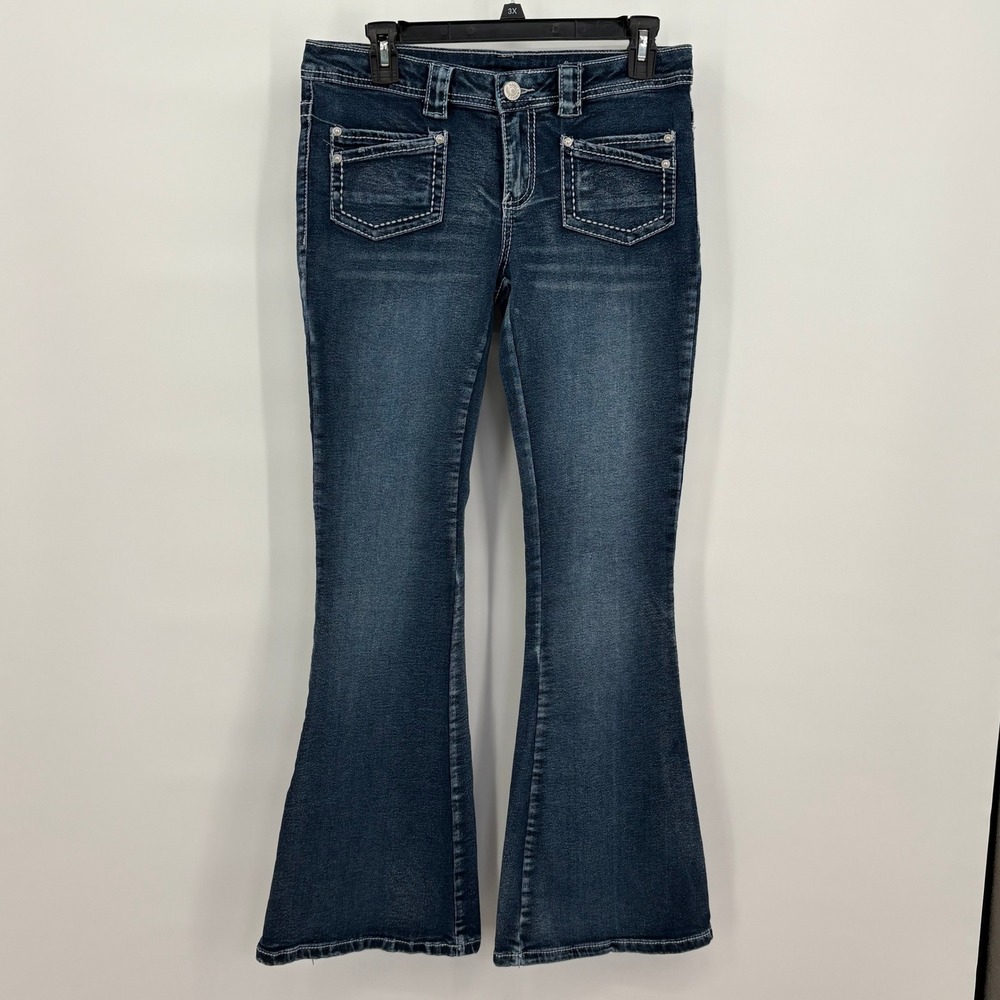 Almost Famous Y2K Dark Wash Thick Contrast Stitch Flare‎ Bell Bottom Jeans 31x31